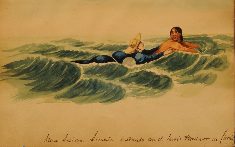 Una Señora limeña nadando con el indio bañador en Chosil