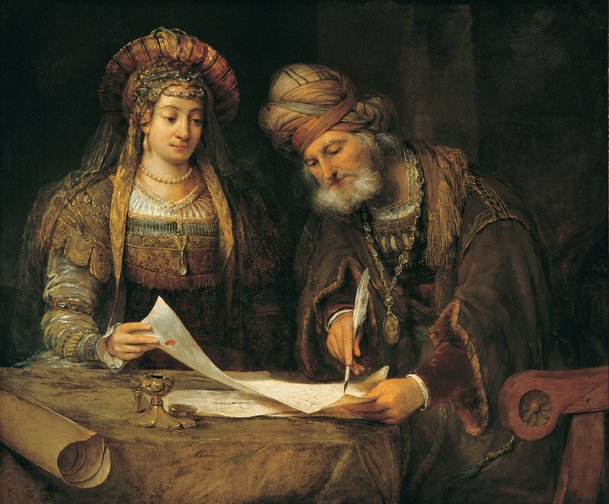 Esther and Mordecai writing the first letter of Purim (Esther, 9:20-21)